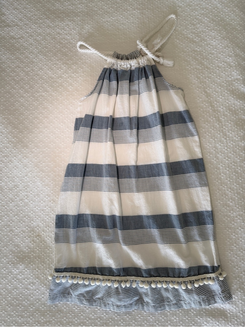Girls Navy and White Striped Halter Sundress with Pom Trim